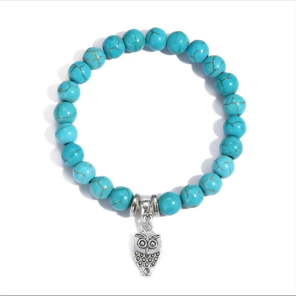 Silver Plated Owl and Turquoise Stretch Bracelet